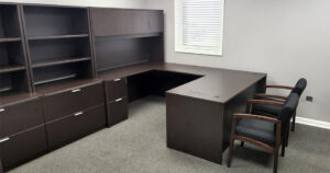 OFW Espresso U-Shape Desk with Matching Hutch, Storage Items, and Seating